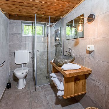 Badezimmer mit Dusche, WC und Steinwaschbecken